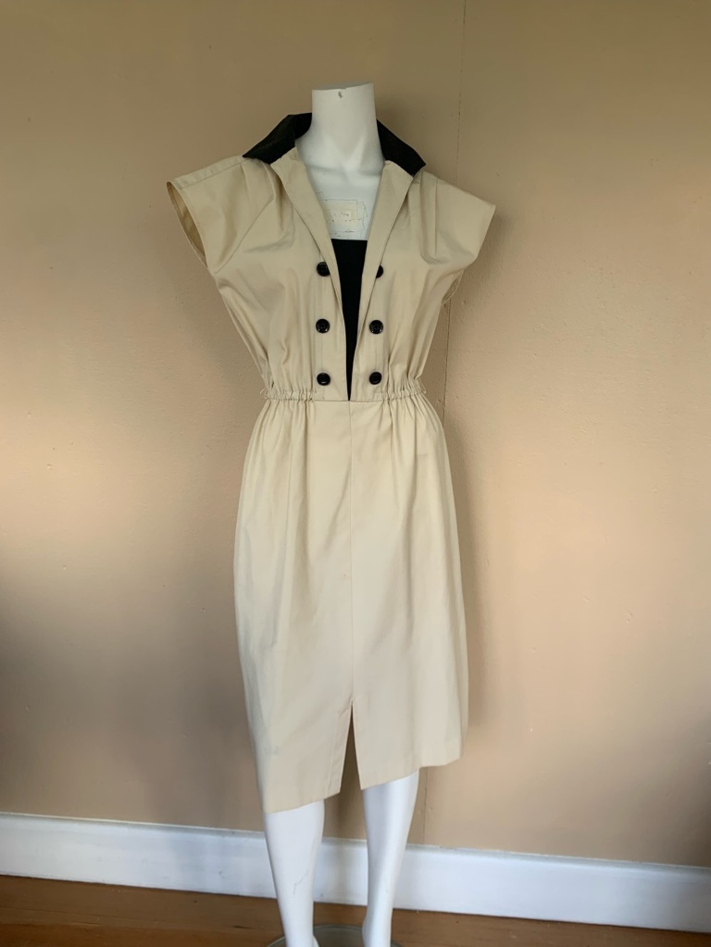 Vintage Cap Sleeve Military Dress | 80s Double Buttoned A-Line Midi Dress - Picture 8 of 9